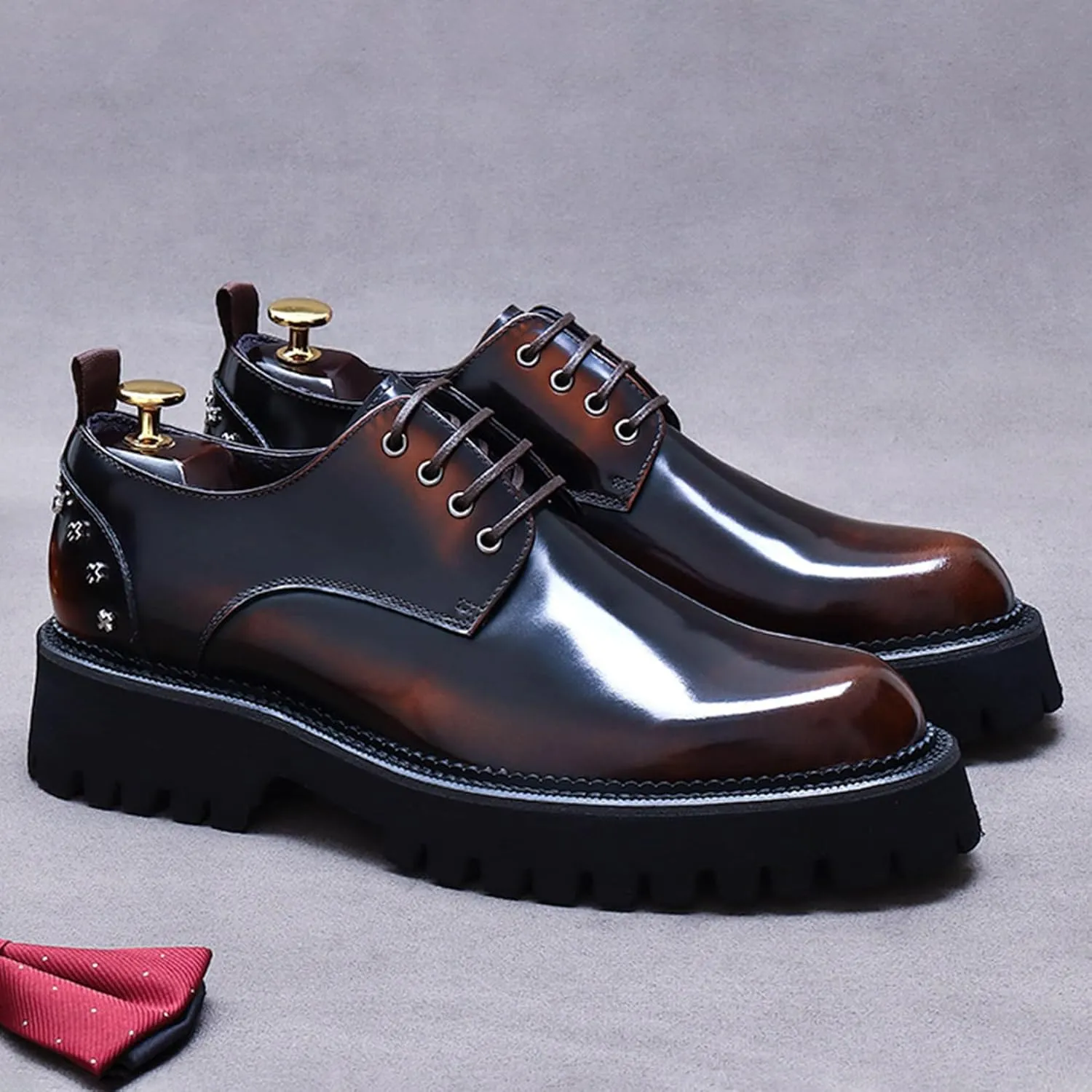 Mens Rivets Leather Shoes, Round-Toe Lace Up Derby Shoe, Fashion Heighten Work Shoe for Formal Wedding