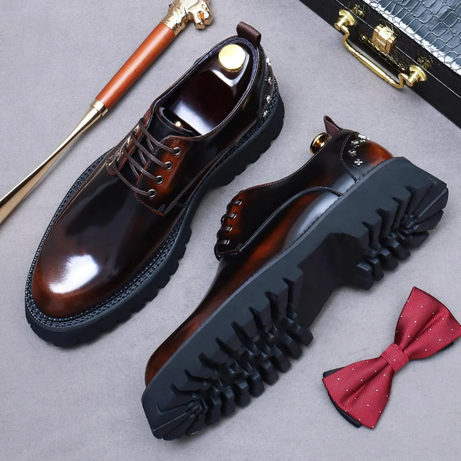 Mens Rivets Leather Shoes, Round-Toe Lace Up Derby Shoe, Fashion Heighten Work Shoe for Formal Wedding
