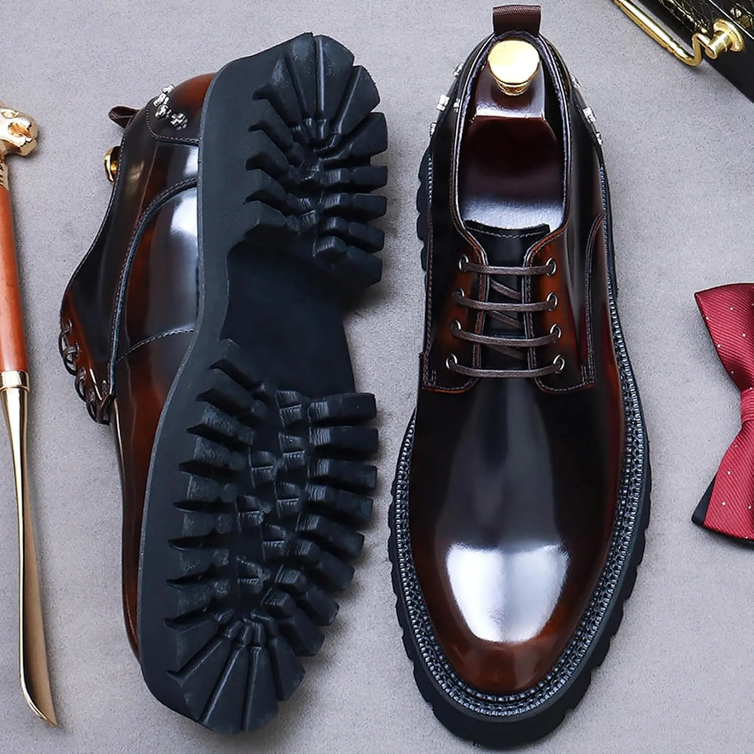 Mens Rivets Leather Shoes, Round-Toe Lace Up Derby Shoe, Fashion Heighten Work Shoe for Formal Wedding