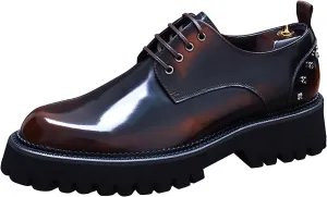 Mens Rivets Leather Shoes, Round-Toe Lace Up Derby Shoe, Fashion Heighten Work Shoe for Formal Wedding