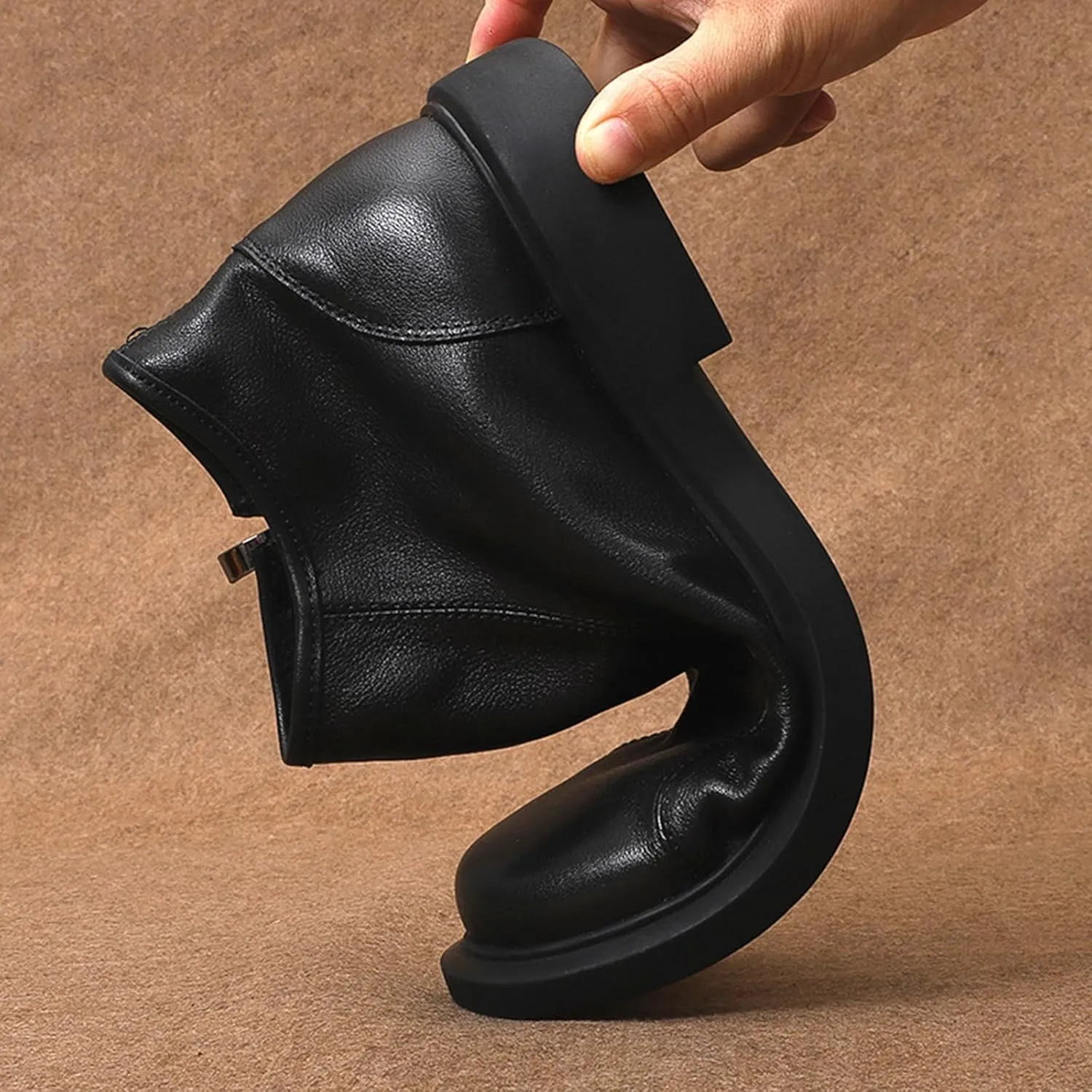 Men's Soft Cowhide High-top Chelsea Ankle Boots Classic Round Toe Side Zipper Soft Sole Low Block Heel Business Dress Chukka Boots