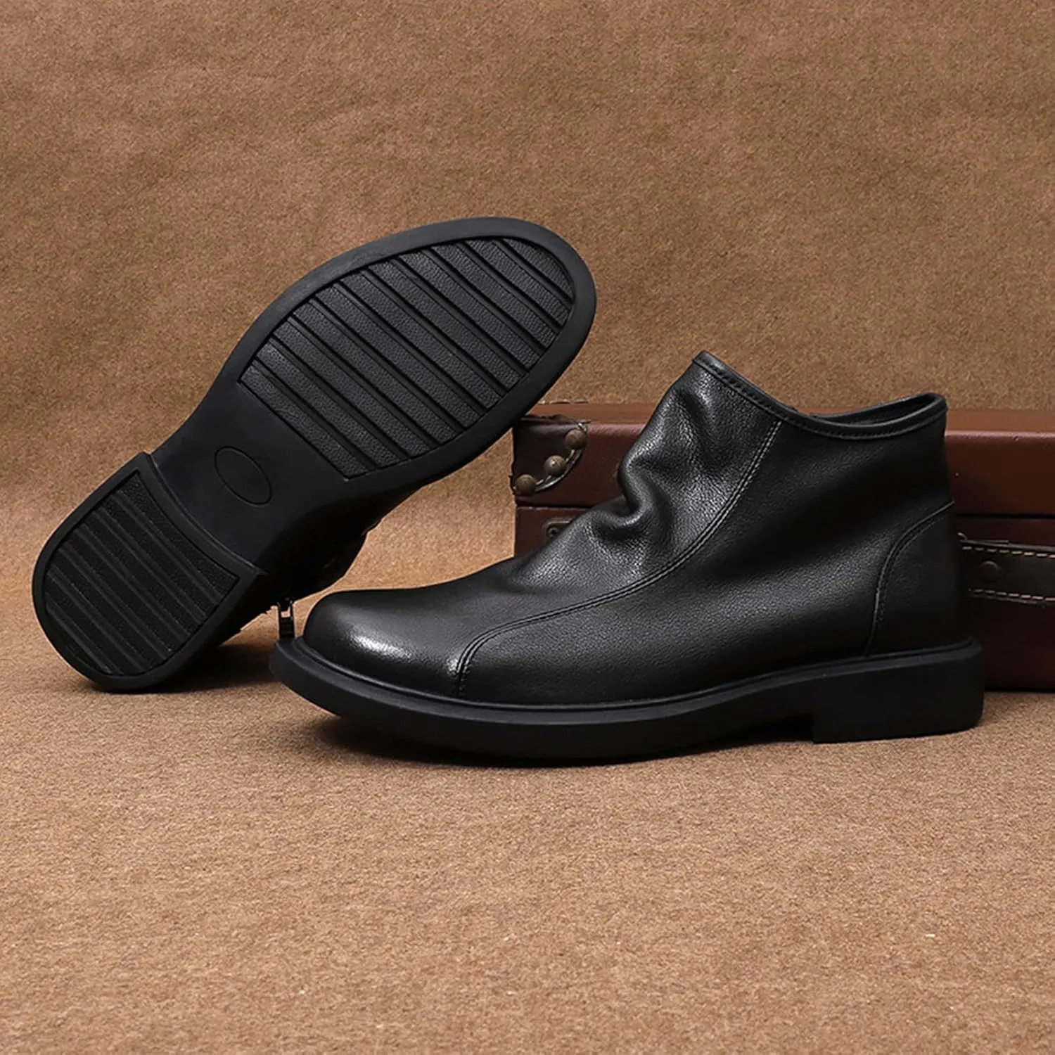 Men's Soft Cowhide High-top Chelsea Ankle Boots Classic Round Toe Side Zipper Soft Sole Low Block Heel Business Dress Chukka Boots