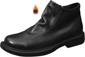 Men's Soft Cowhide High-top Chelsea Ankle Boots Classic Round Toe Side Zipper Soft Sole Low Block Heel Business Dress Chukka Boots