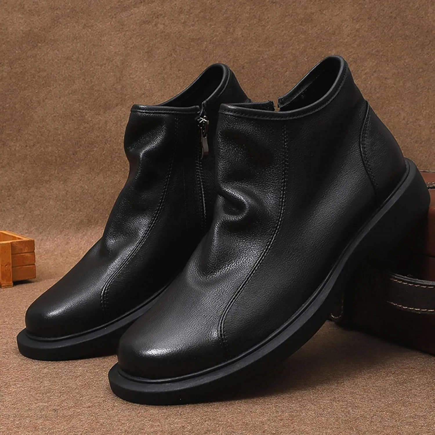 Men's Soft Cowhide High-top Chelsea Ankle Boots Classic Round Toe Side Zipper Soft Sole Low Block Heel Business Dress Chukka Boots
