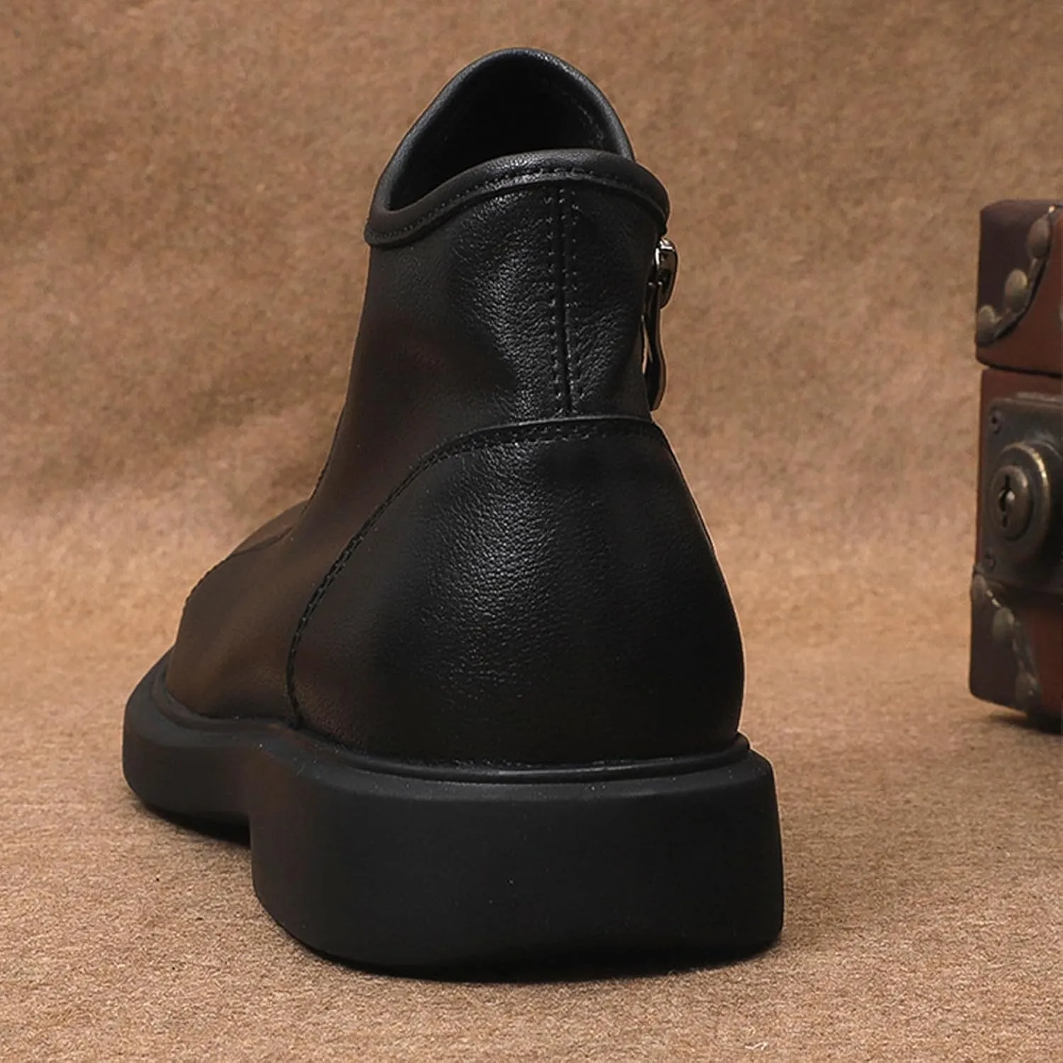 Men's Soft Cowhide High-top Chelsea Ankle Boots Classic Round Toe Side Zipper Soft Sole Low Block Heel Business Dress Chukka Boots