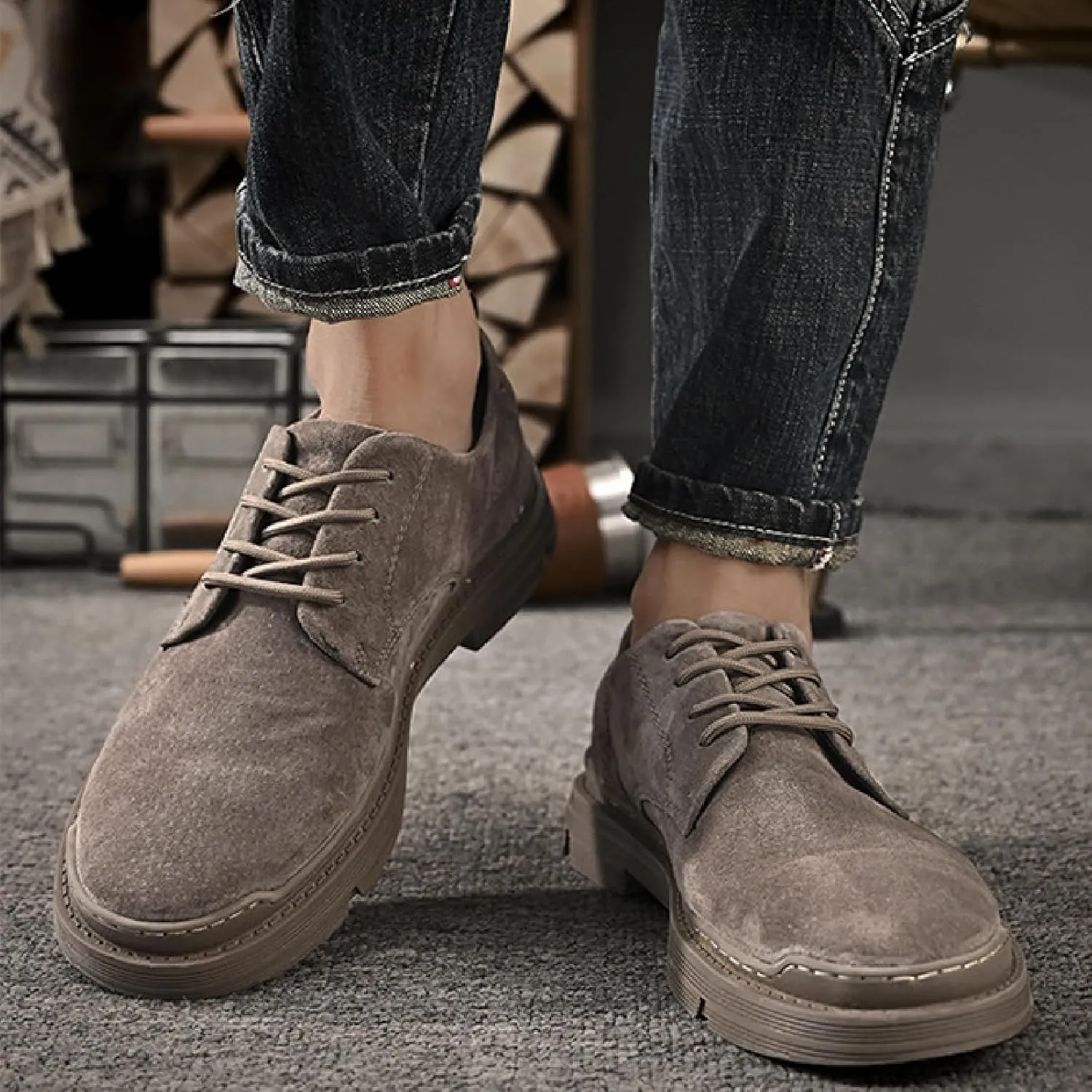 Men's Suede Lace Up Platform Oxfords Casual Comfortable Round Toe Anti-Slip Block Heel Dress Shoes Daily Business Work Office Derbys