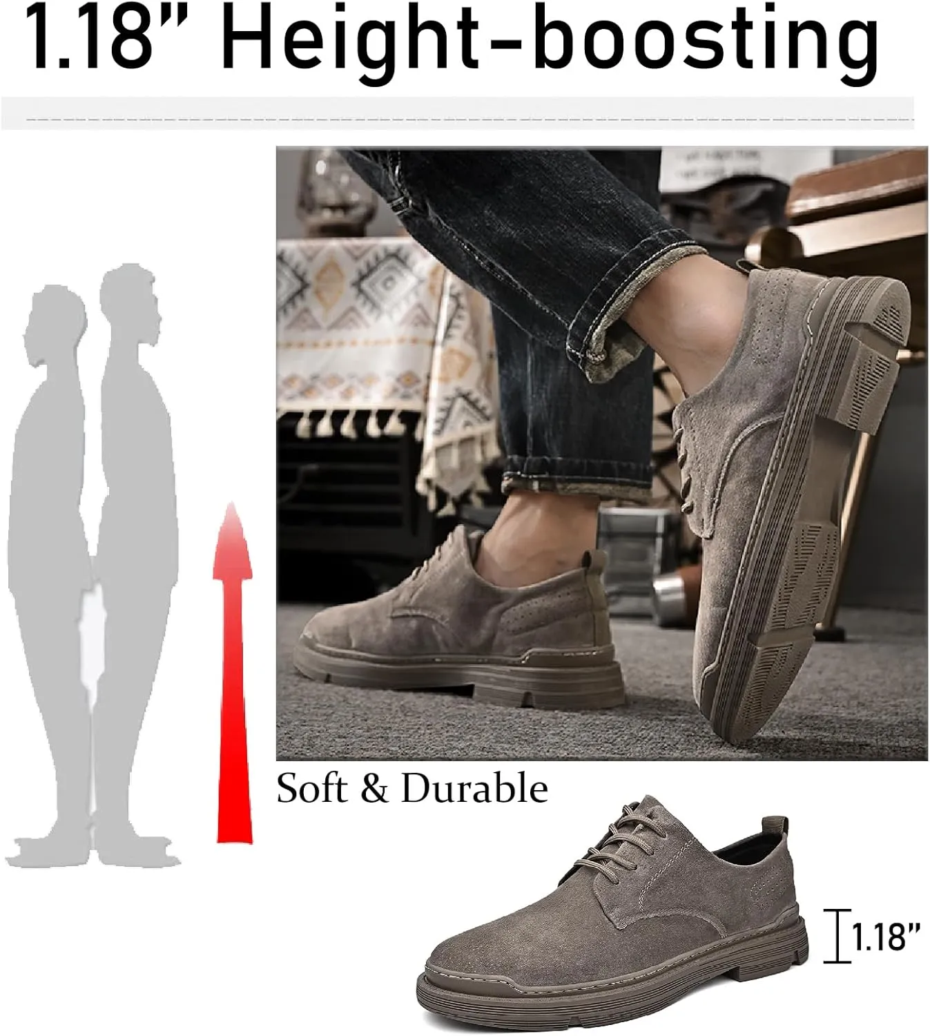 Men's Suede Lace Up Platform Oxfords Casual Comfortable Round Toe Anti-Slip Block Heel Dress Shoes Daily Business Work Office Derbys