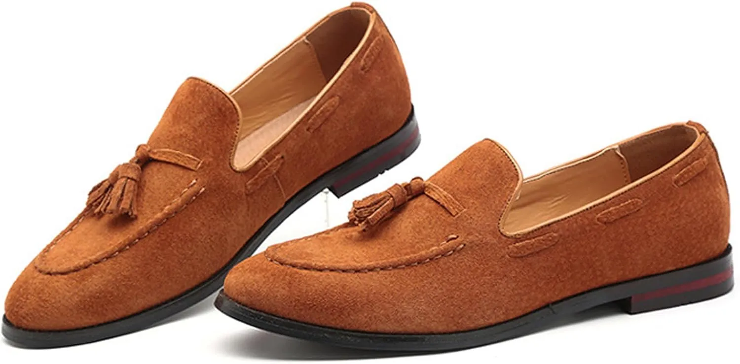 Men's Suede Tassel Low Heel Loafers Fashion Handmade Lightweight Round Toe Slip On Business Dress Oxford Shoes Leisure Driving Office Penny Loafer