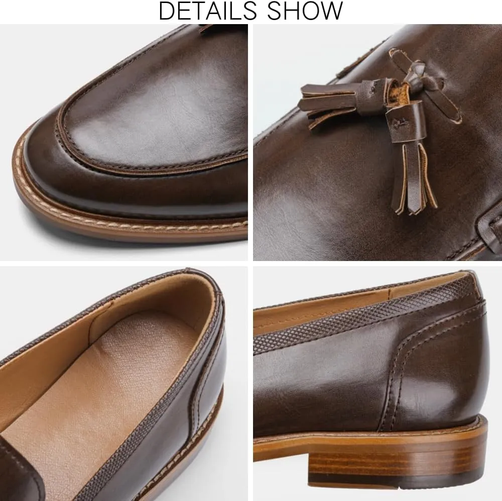 Mens Tassel Loafers Dress Shoes Slip-on Leather Moccasins Hand-Stitched Wooden Sole Penny Dress Loafers for Men
