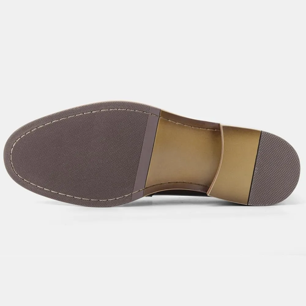 Mens Tassel Loafers Dress Shoes Slip-on Leather Moccasins Hand-Stitched Wooden Sole Penny Dress Loafers for Men