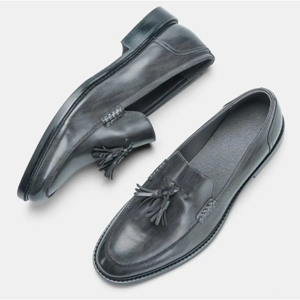 Mens Tassel Loafers Dress Shoes Slip-on Leather Moccasins Hand-Stitched Wooden Sole Penny Dress Loafers for Men