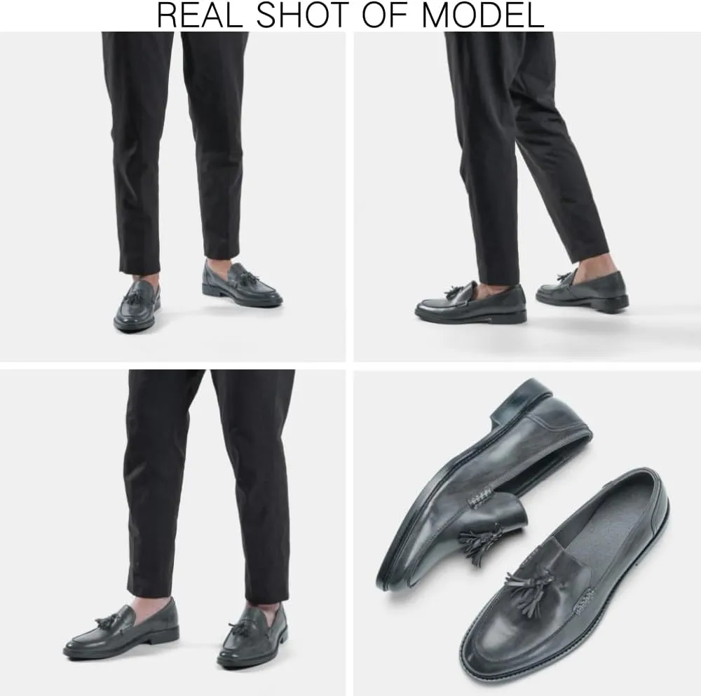 Mens Tassel Loafers Dress Shoes Slip-on Leather Moccasins Hand-Stitched Wooden Sole Penny Dress Loafers for Men