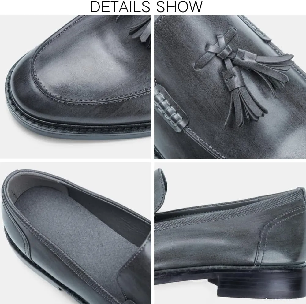 Mens Tassel Loafers Dress Shoes Slip-on Leather Moccasins Hand-Stitched Wooden Sole Penny Dress Loafers for Men