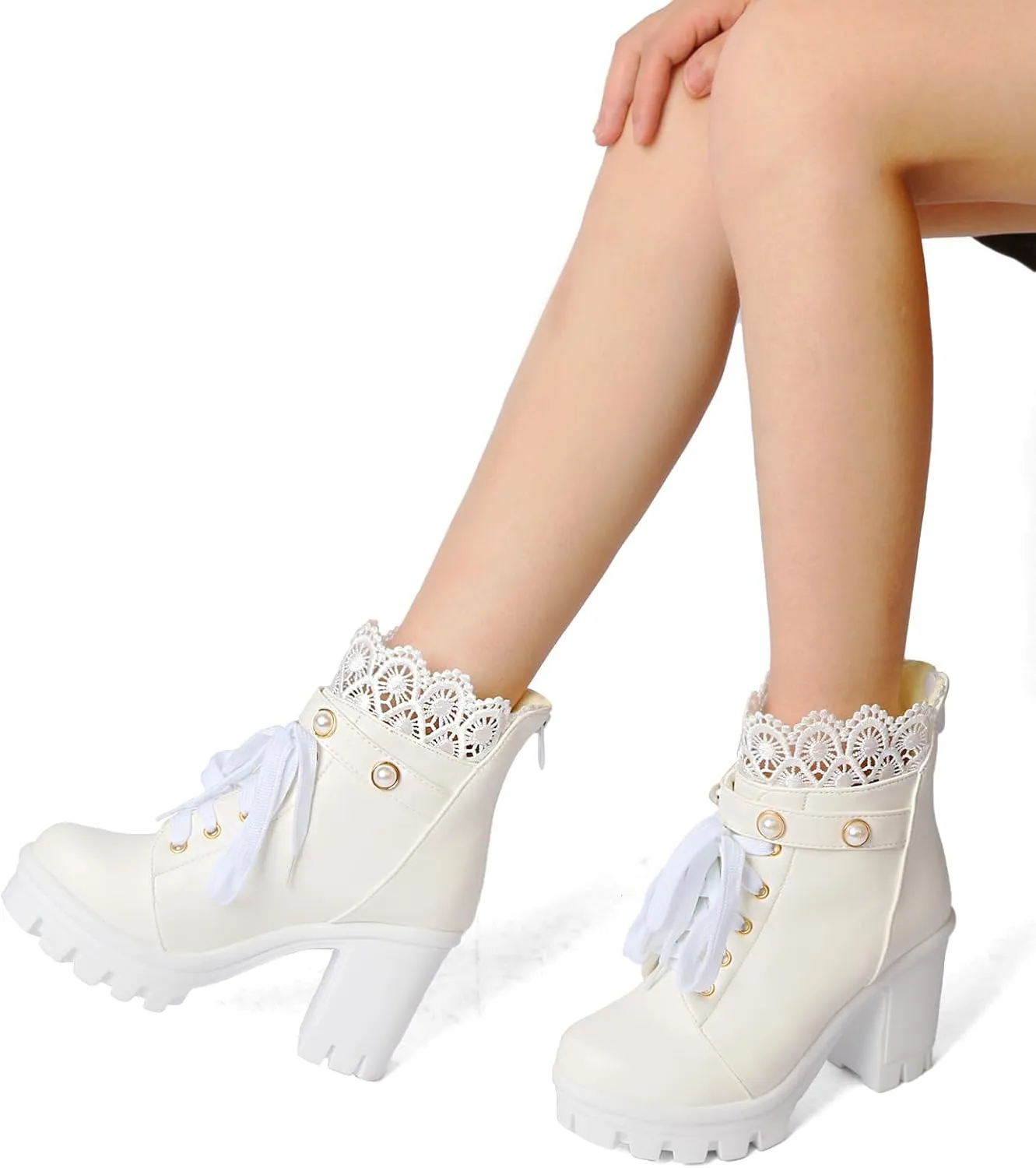 MEOTINA Women Platform Boots Black Chunky Heel Ankle Booties Lace Buckle Combat Boots with Zipper High Heel Goth Shoes