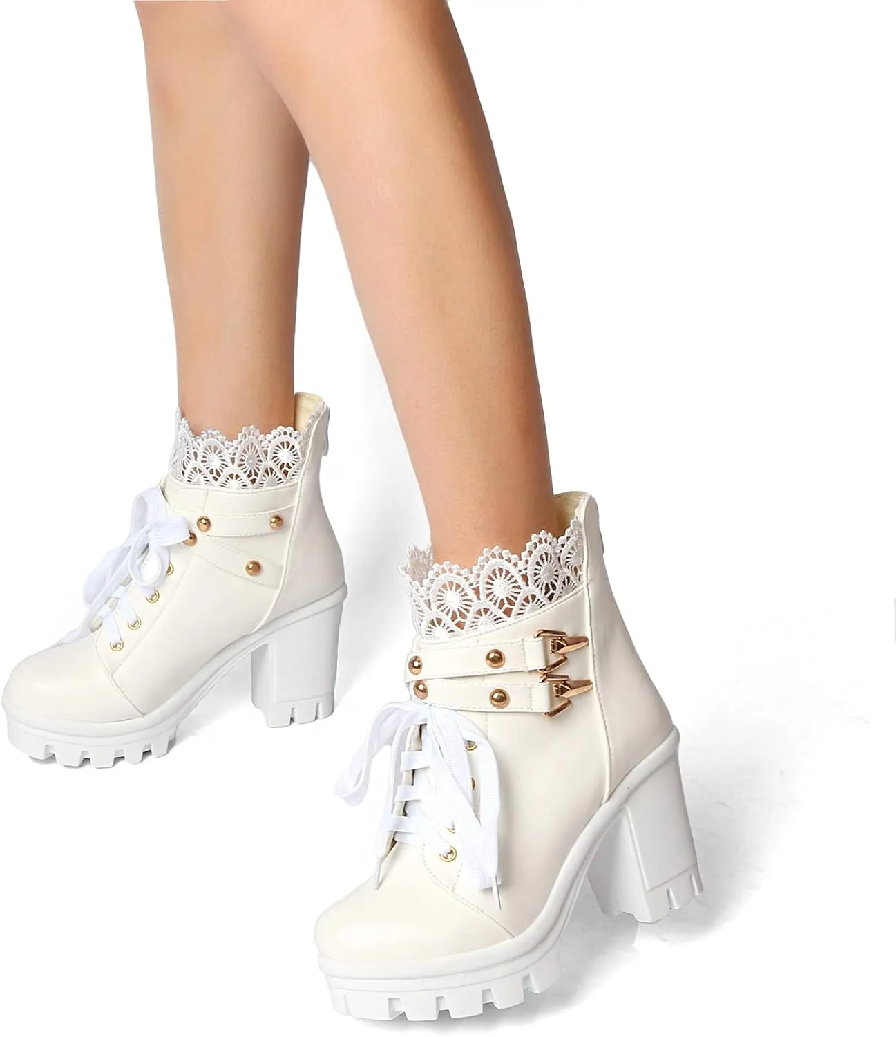 MEOTINA Women Platform Boots Black Chunky Heel Ankle Booties Lace Buckle Combat Boots with Zipper High Heel Goth Shoes