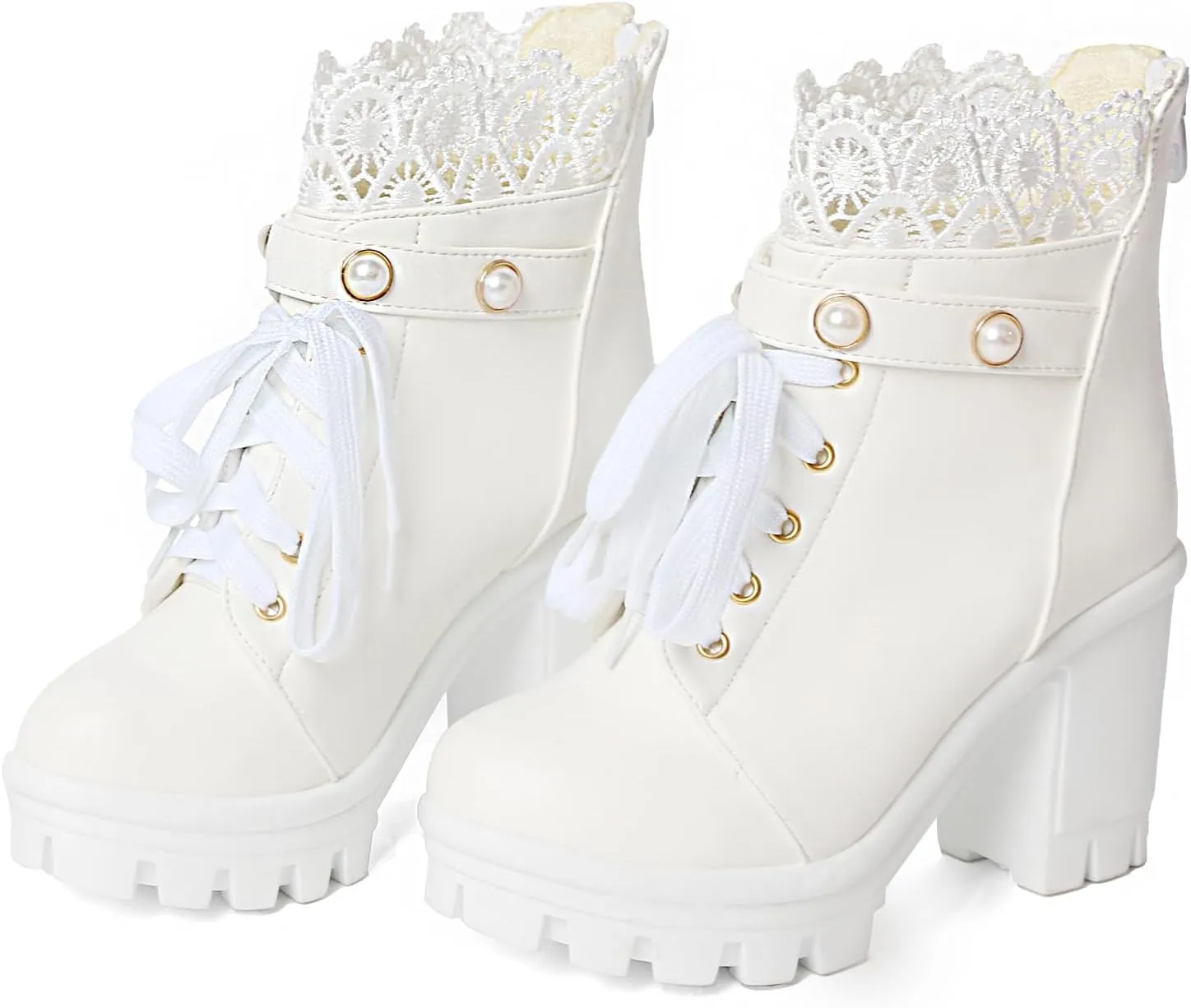 MEOTINA Women Platform Boots Black Chunky Heel Ankle Booties Lace Buckle Combat Boots with Zipper High Heel Goth Shoes