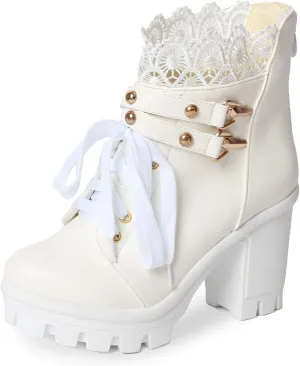 MEOTINA Women Platform Boots Black Chunky Heel Ankle Booties Lace Buckle Combat Boots with Zipper High Heel Goth Shoes