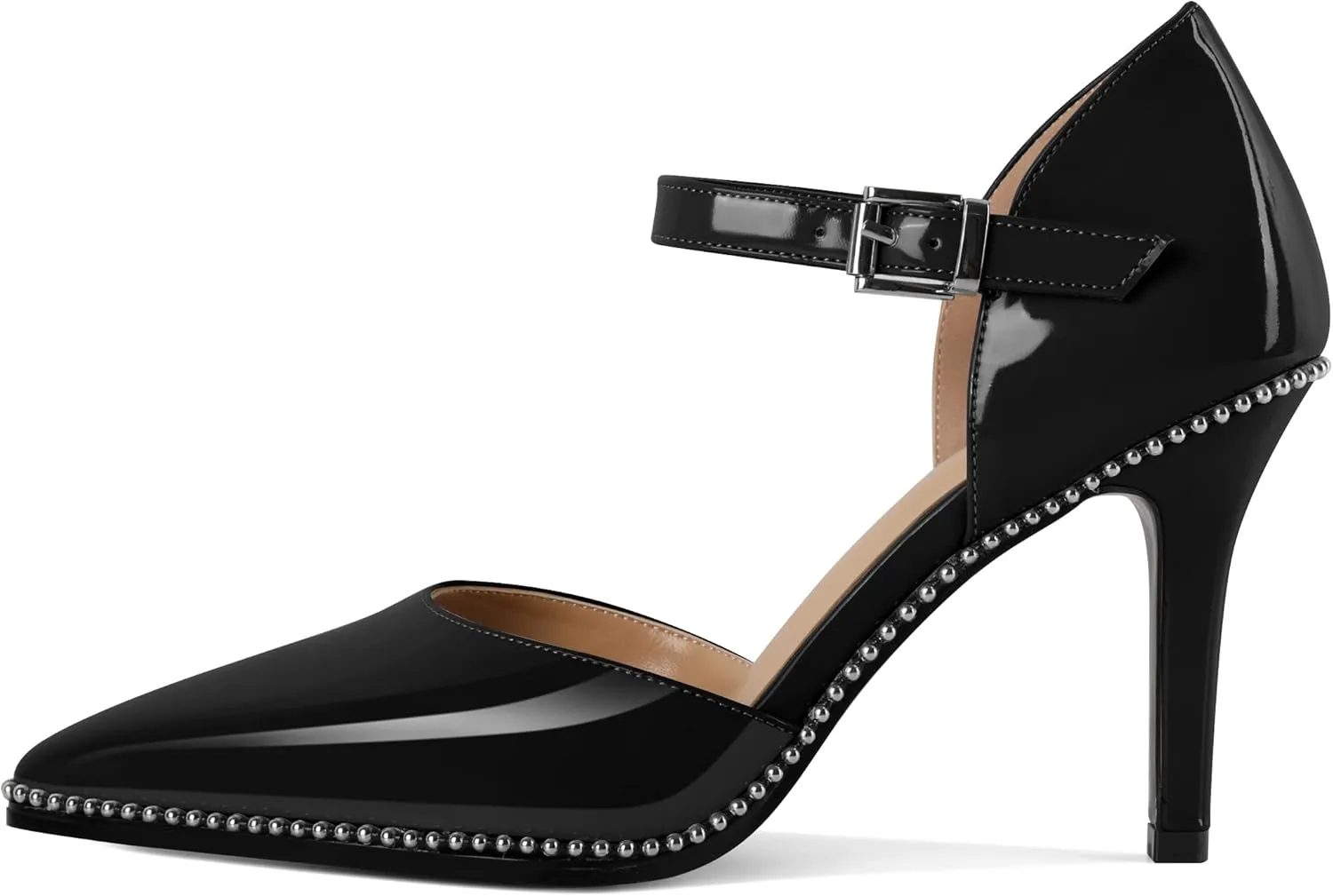 Mettesally Women High Heels Closed Pointed Toe Heels Stilettos Beaded Pumps Ankle Strap Women Pumps Shoes 3.5 Inch