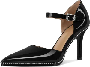 Mettesally Women High Heels Closed Pointed Toe Heels Stilettos Beaded Pumps Ankle Strap Women Pumps Shoes 3.5 Inch