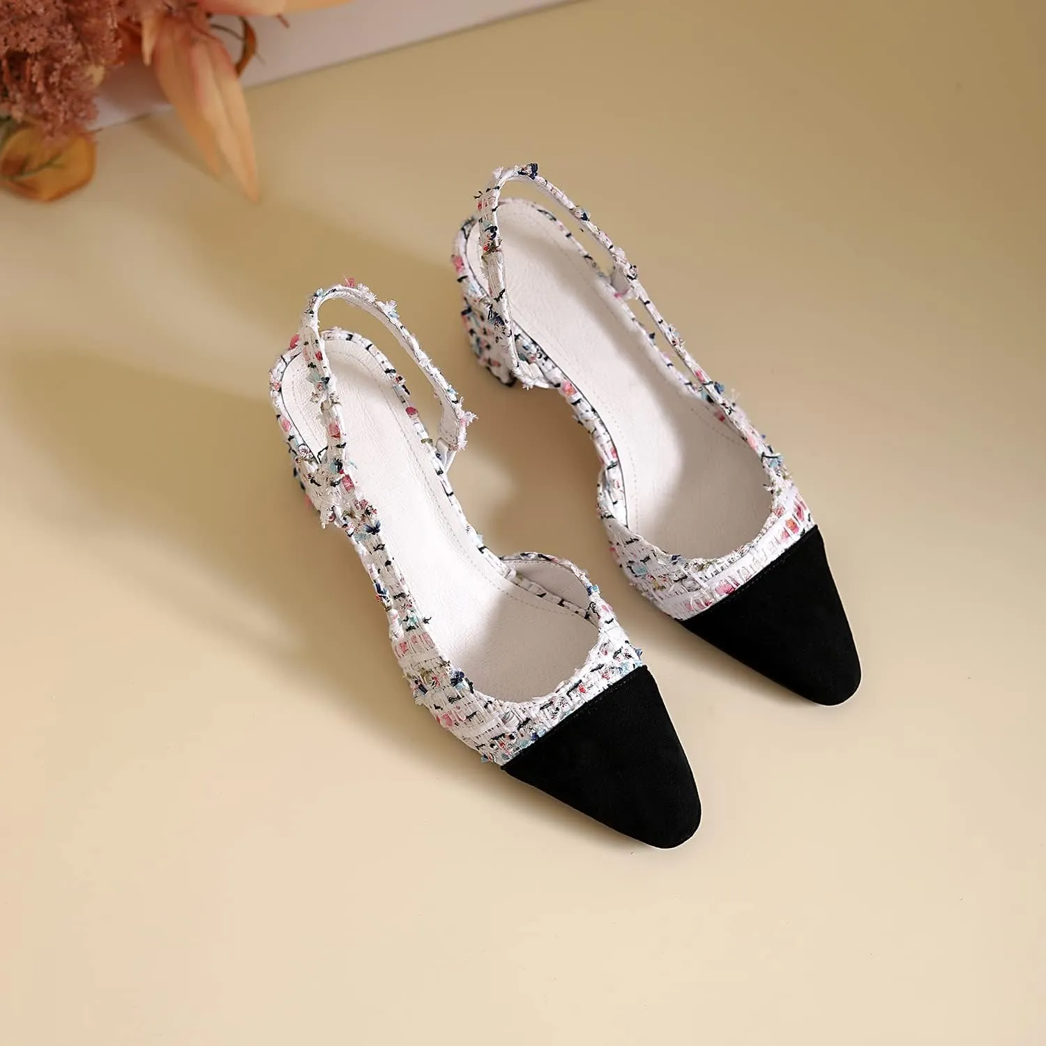 MICIFA Slingback Heels for Women，Round Toe Chunky Heeled Pumps Ankle Strap Fashion Splicing Dress Shoes