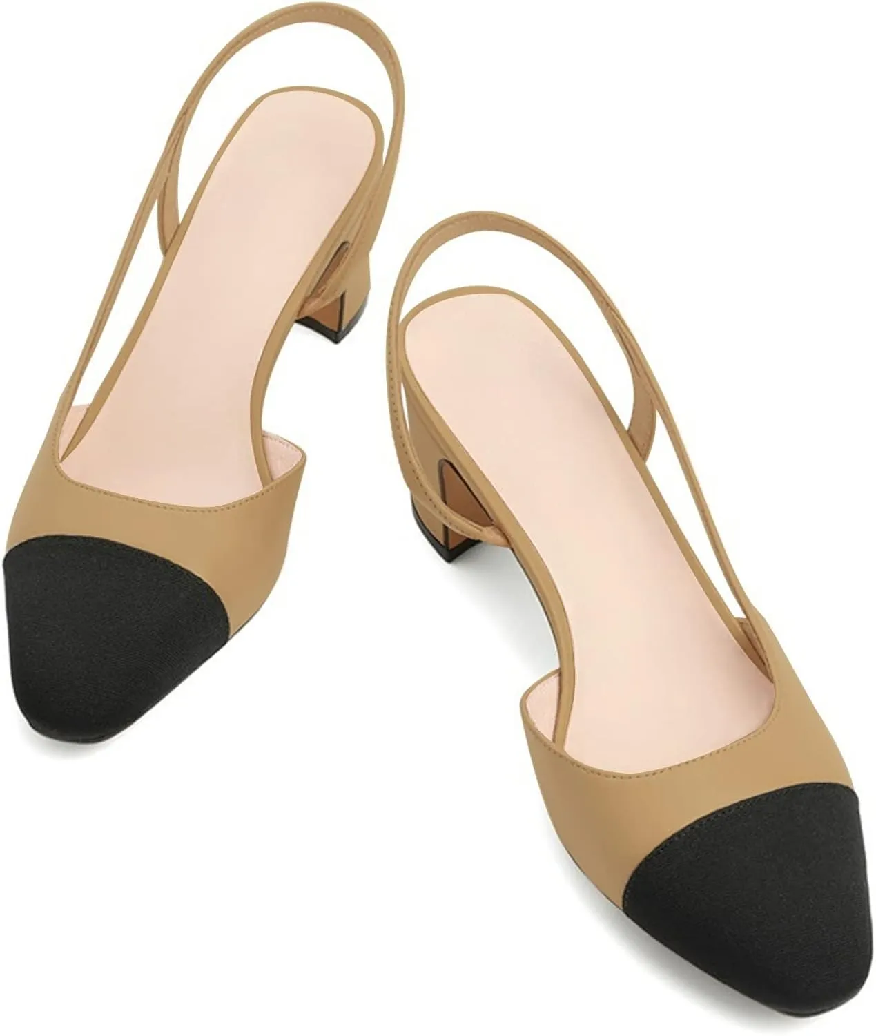MICIFA Slingback Heels for Women，Round Toe Chunky Heeled Pumps Ankle Strap Fashion Splicing Dress Shoes