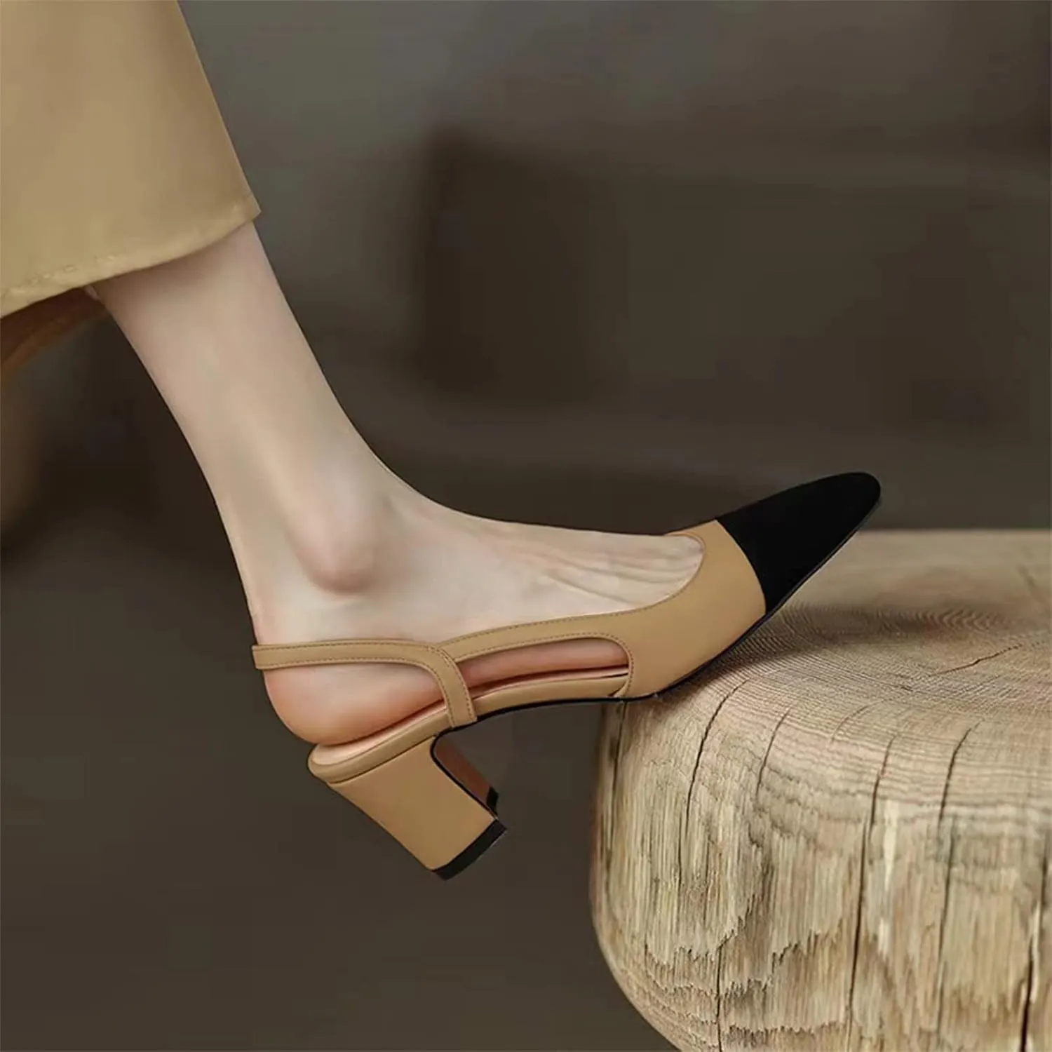 MICIFA Slingback Heels for Women，Round Toe Chunky Heeled Pumps Ankle Strap Fashion Splicing Dress Shoes
