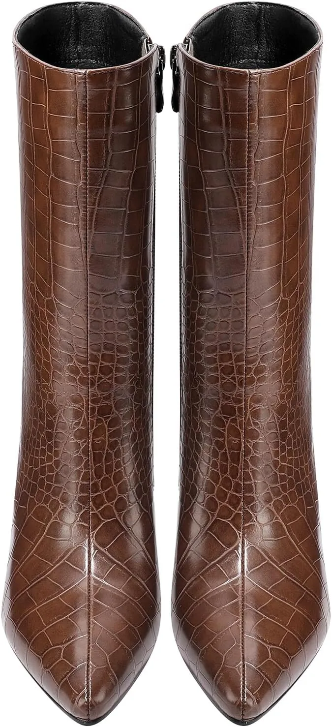 Mid Calf Boots Women Crocodile Leather Boot Stiletto Heel Wide Calf Booties