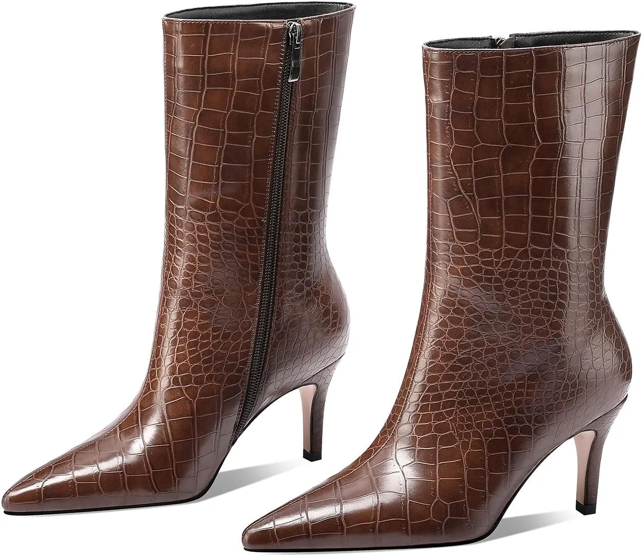 Mid Calf Boots Women Crocodile Leather Boot Stiletto Heel Wide Calf Booties