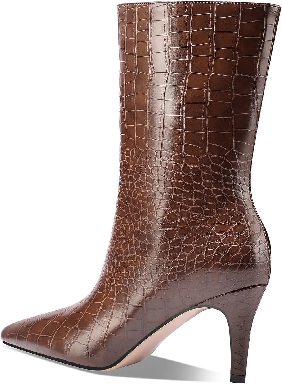 Mid Calf Boots Women Crocodile Leather Boot Stiletto Heel Wide Calf Booties