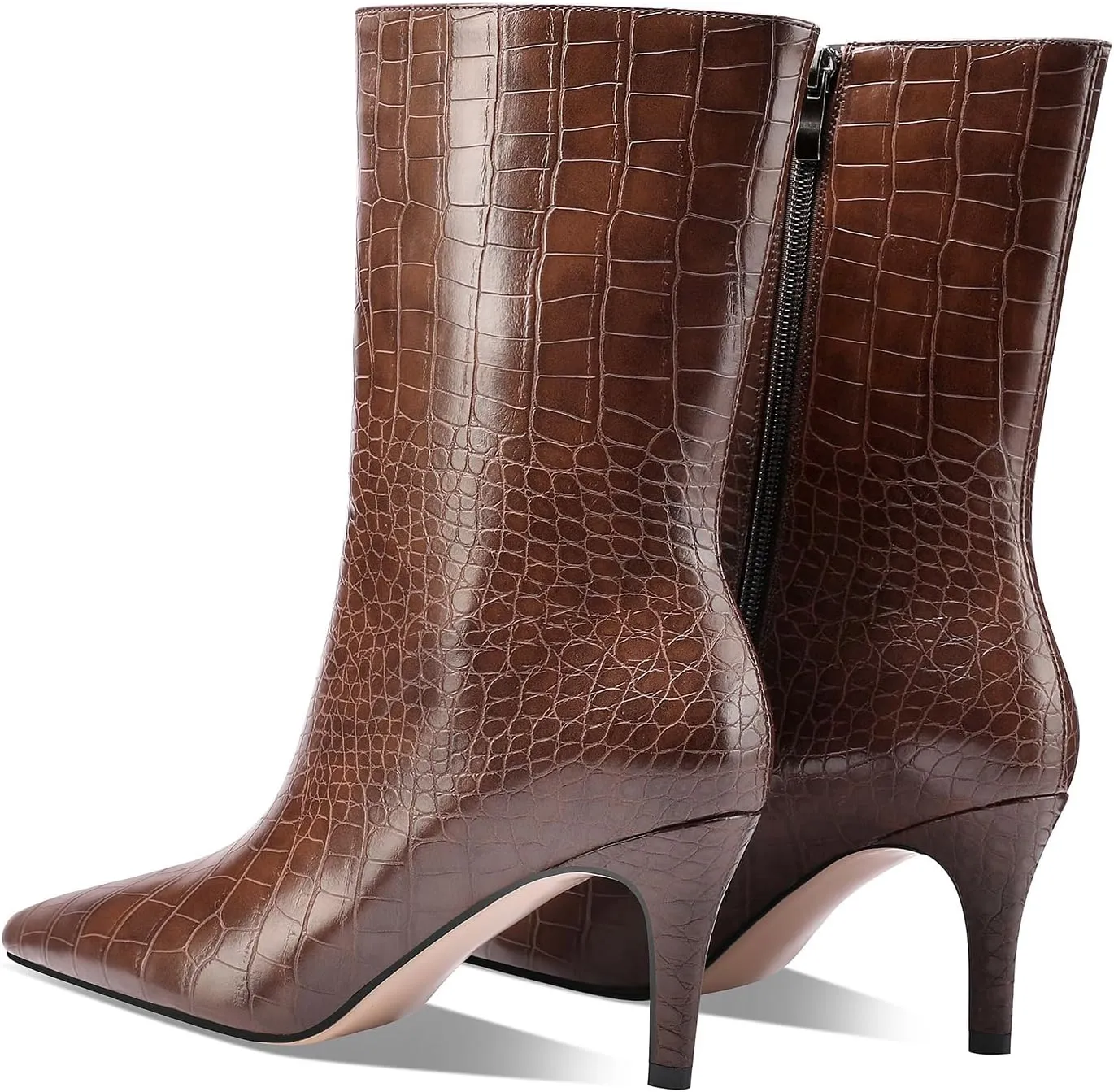 Mid Calf Boots Women Crocodile Leather Boot Stiletto Heel Wide Calf Booties