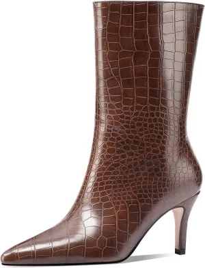 Mid Calf Boots Women Crocodile Leather Boot Stiletto Heel Wide Calf Booties