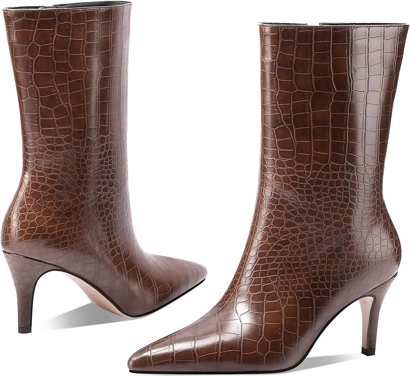 Mid Calf Boots Women Crocodile Leather Boot Stiletto Heel Wide Calf Booties