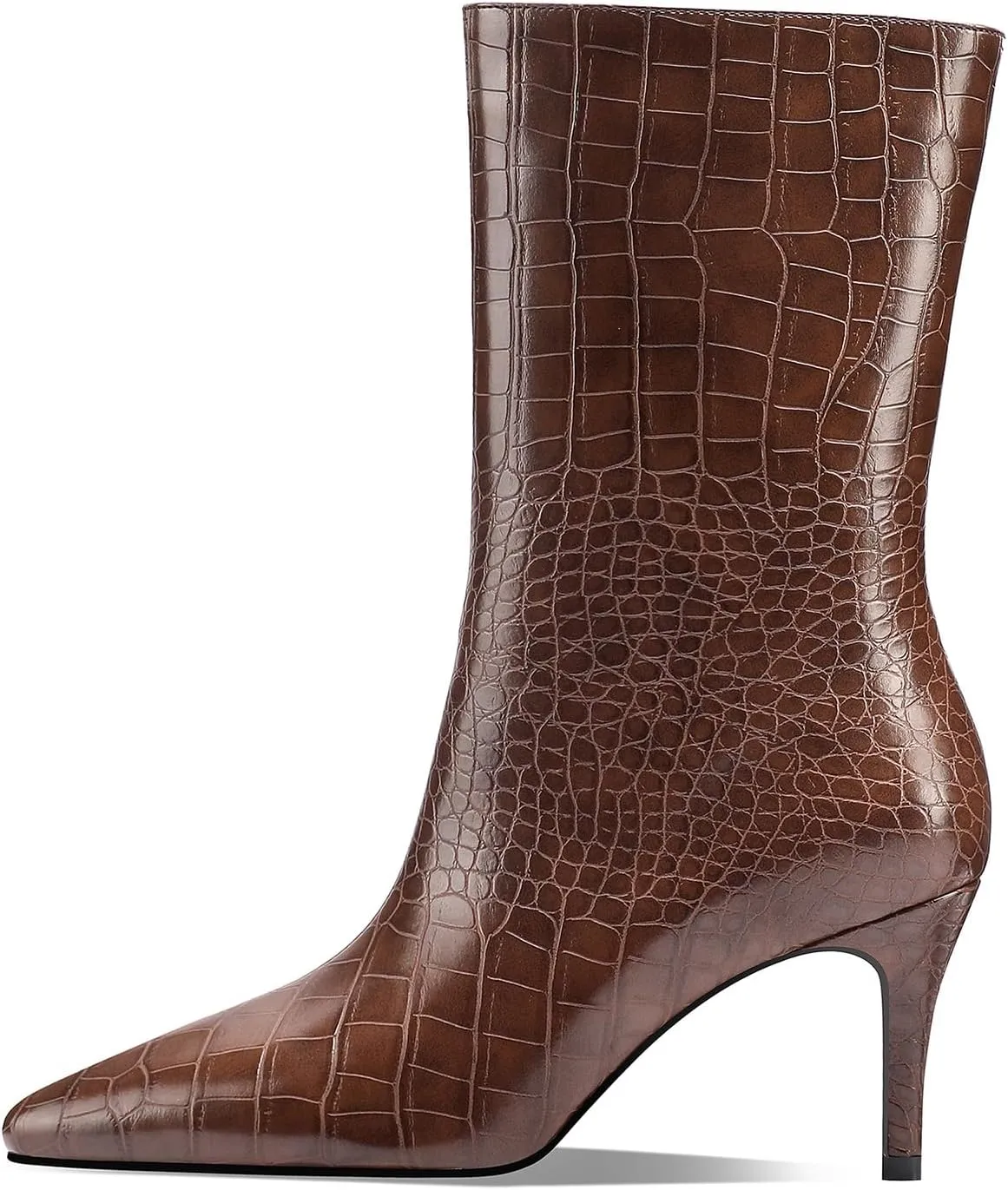 Mid Calf Boots Women Crocodile Leather Boot Stiletto Heel Wide Calf Booties