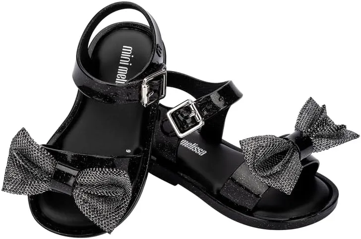 mini melissa Mar Hot Sandals for Babies & Toddlers - Sparkly Sandals w/Heart Buckle & Bow for Baby Girls, Kids Jelly Shoes