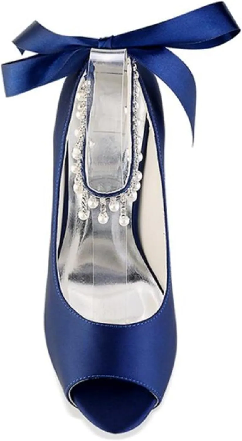 Minishion Womens Dressy Sandals for Wedding Platform Ankle Chain Formal Eveing Shoes with Ribbon BR099