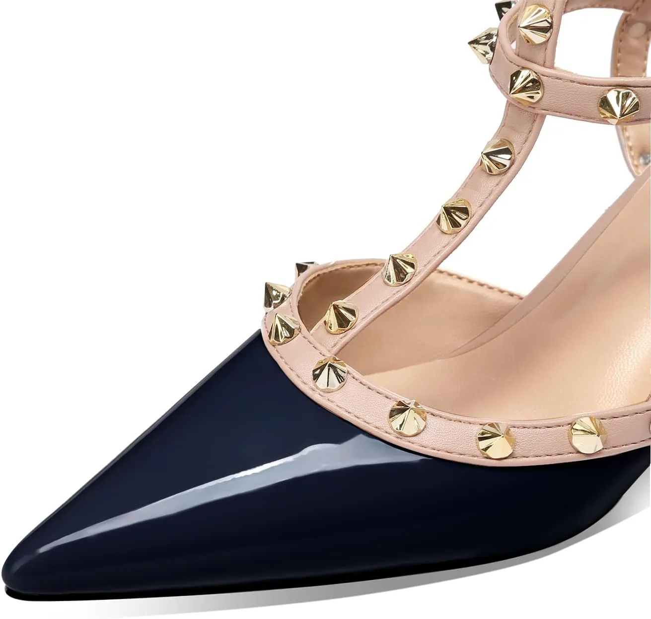 MIRAAZZURRA Women Heeled Sandals Rivet Studded T-Strap Wedding Shoes Stiletto High Heels Pointed Toe Slip On Bridal Pumps for Women