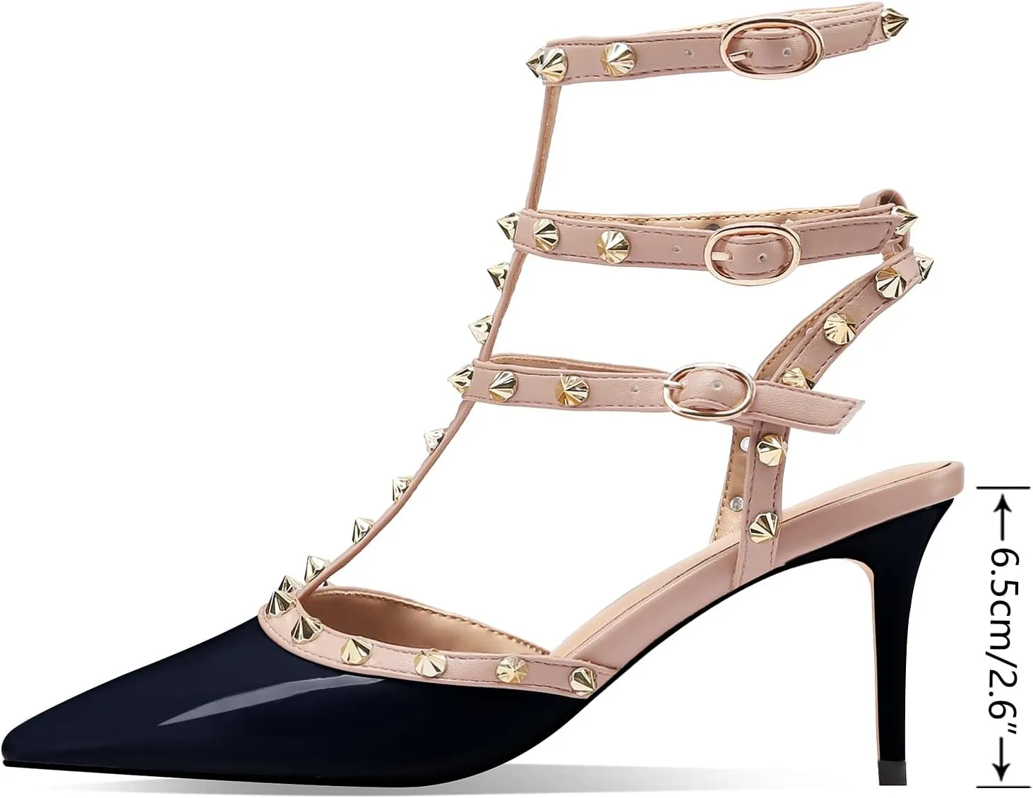 MIRAAZZURRA Women Heeled Sandals Rivet Studded T-Strap Wedding Shoes Stiletto High Heels Pointed Toe Slip On Bridal Pumps for Women