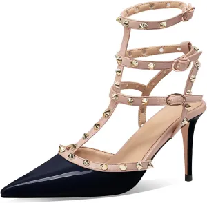 MIRAAZZURRA Women Heeled Sandals Rivet Studded T-Strap Wedding Shoes Stiletto High Heels Pointed Toe Slip On Bridal Pumps for Women