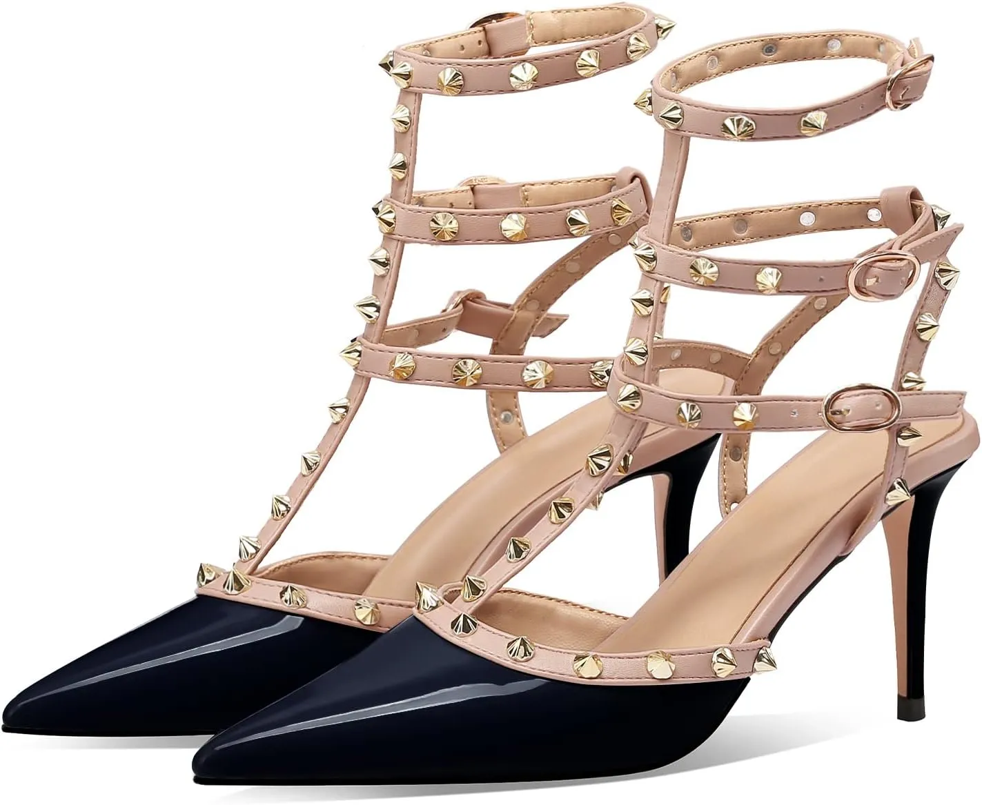 MIRAAZZURRA Women Heeled Sandals Rivet Studded T-Strap Wedding Shoes Stiletto High Heels Pointed Toe Slip On Bridal Pumps for Women