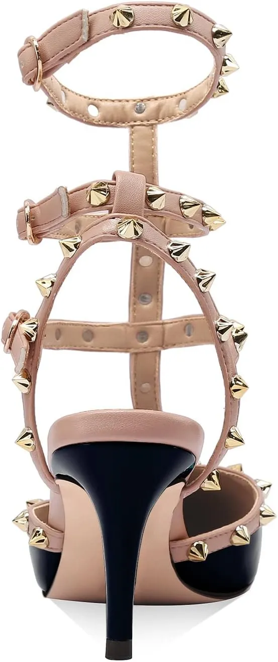 MIRAAZZURRA Women Heeled Sandals Rivet Studded T-Strap Wedding Shoes Stiletto High Heels Pointed Toe Slip On Bridal Pumps for Women