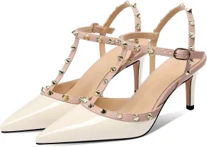 MIRAAZZURRA Women Heeled Sandals Rivet Studded T-Strap Wedding Shoes Stiletto High Heels Pointed Toe Slip On Bridal Pumps for Women