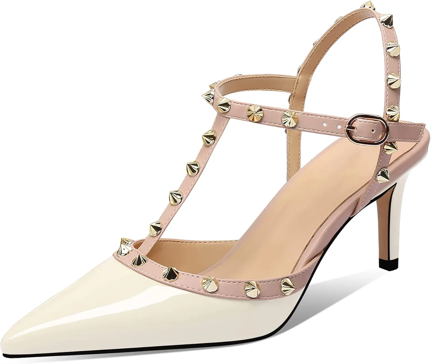 MIRAAZZURRA Women Heeled Sandals Rivet Studded T-Strap Wedding Shoes Stiletto High Heels Pointed Toe Slip On Bridal Pumps for Women