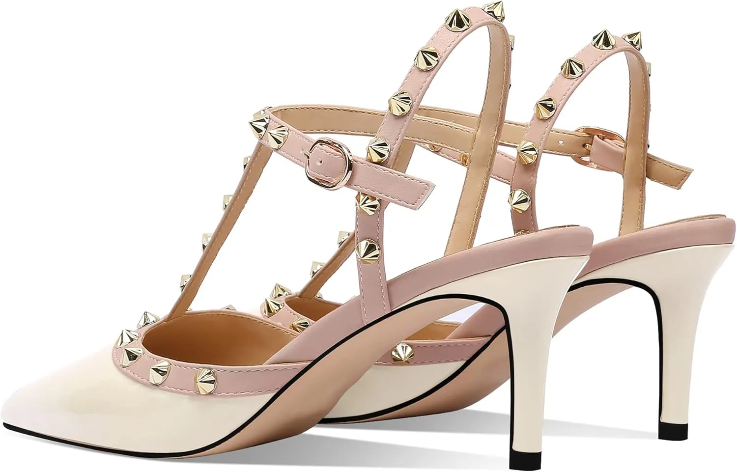 MIRAAZZURRA Women Heeled Sandals Rivet Studded T-Strap Wedding Shoes Stiletto High Heels Pointed Toe Slip On Bridal Pumps for Women