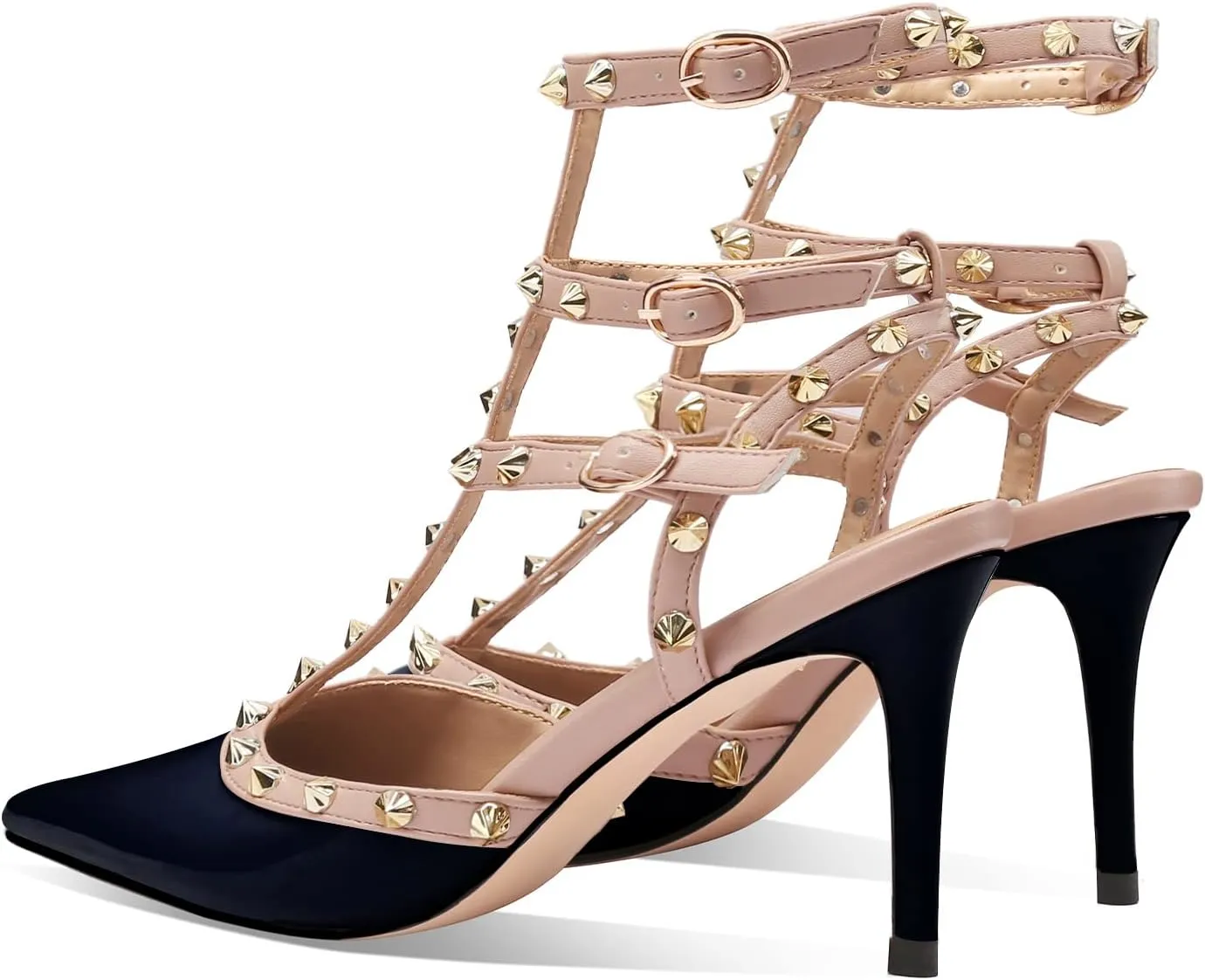 MIRAAZZURRA Women Heeled Sandals Rivet Studded T-Strap Wedding Shoes Stiletto High Heels Pointed Toe Slip On Bridal Pumps for Women