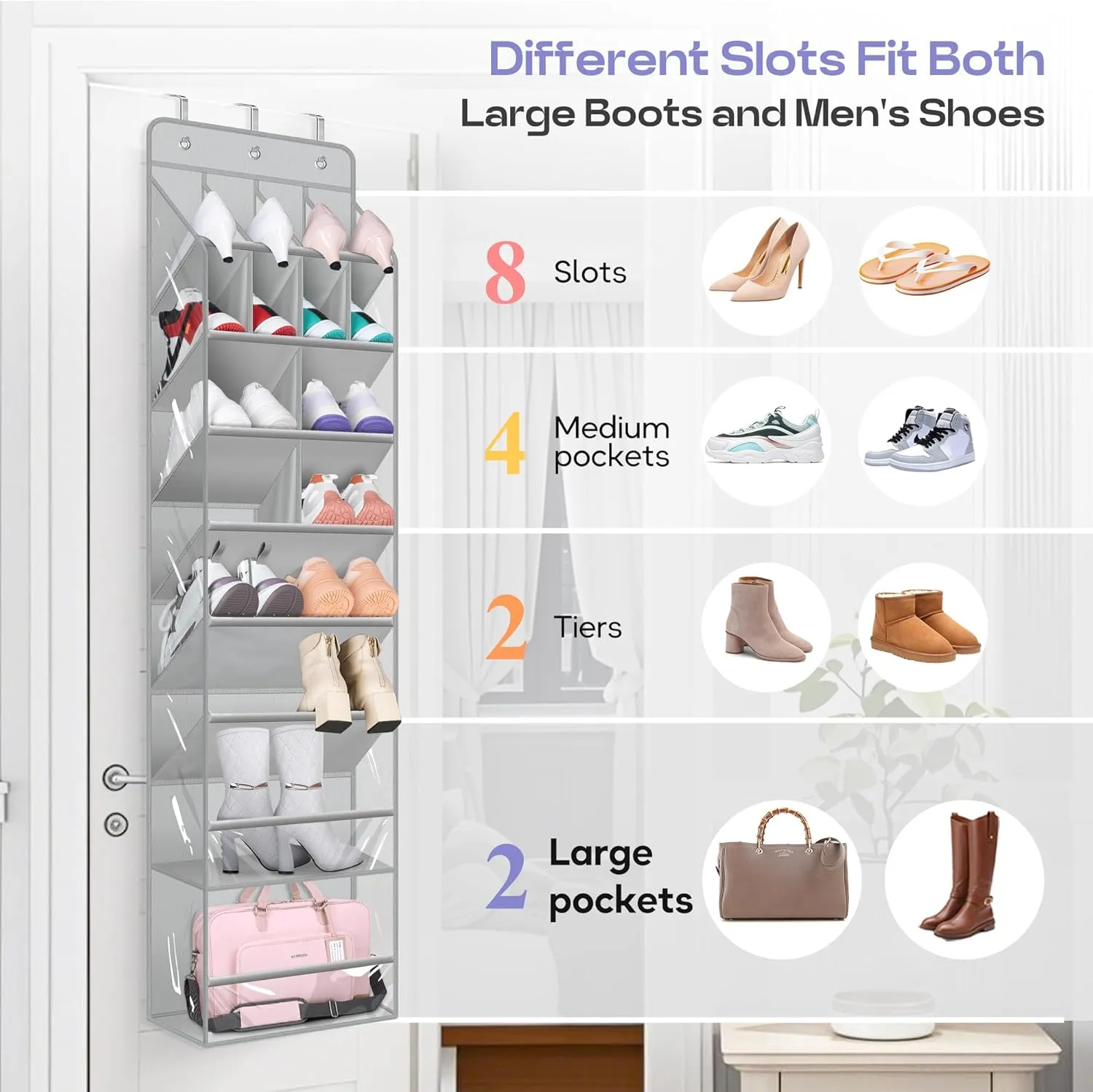 MISSLO Clear Over the Door Shoe Organizer Large Deep Pockets Hanging Shoe Rack for Closet Fit 20 Pairs Shoe Holder for Sneakers Boots Storage，Grey