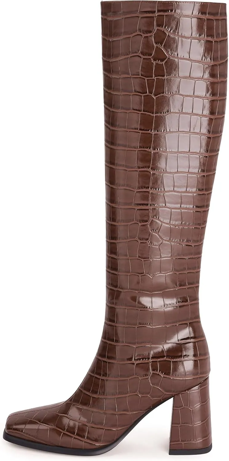 Modatope Knee High Boots Women Chunky Heel Square Toe Tall Boot for Women High Heel Side Zipper Long Boots