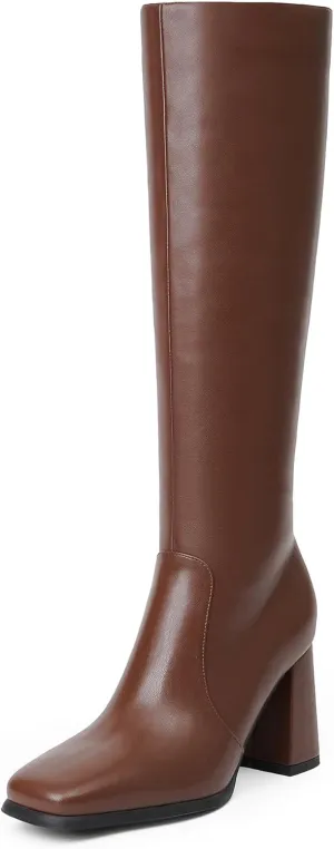 Modatope Knee High Boots Women Chunky Heel Square Toe Tall Boot for Women High Heel Side Zipper Long Boots