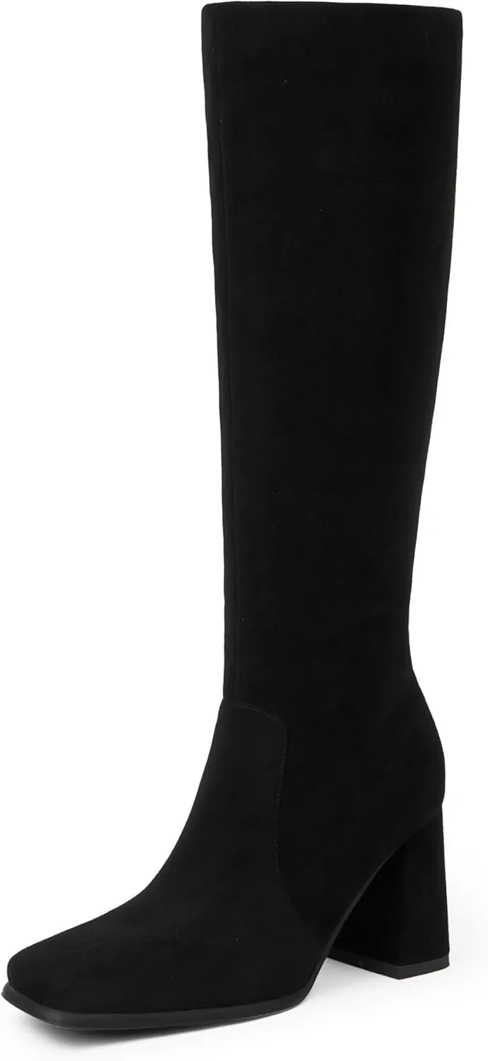 Modatope Knee High Boots Women Chunky Heel Square Toe Tall Boot for Women High Heel Side Zipper Long Boots