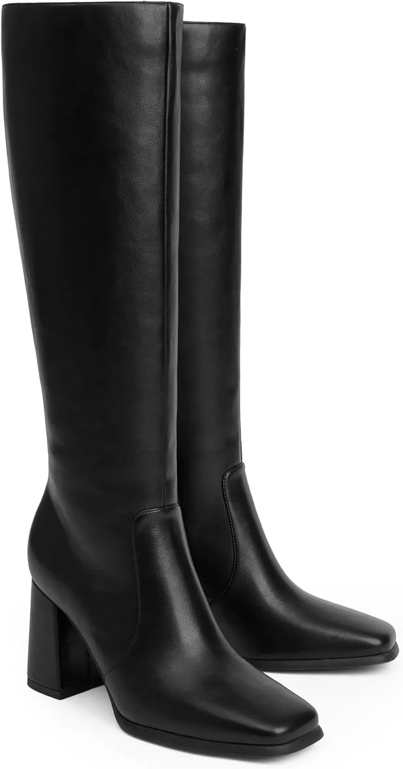 Modatope Knee High Boots Women Chunky Heel Square Toe Tall Boot for Women High Heel Side Zipper Long Boots