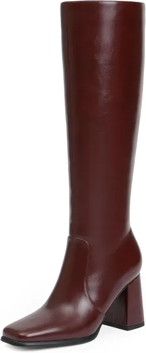 Modatope Knee High Boots Women Chunky Heel Square Toe Tall Boot for Women High Heel Side Zipper Long Boots
